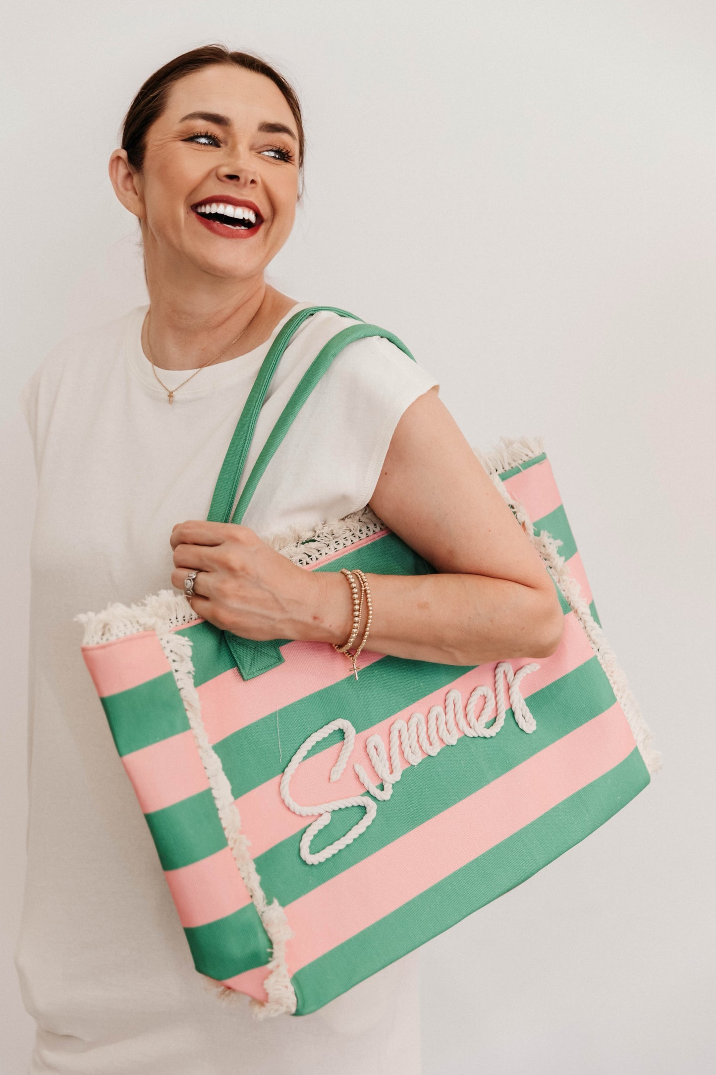 Pink +Green Striped Summer Tote