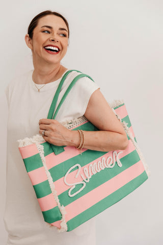 Pink +Green Striped Summer Tote