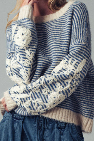 Floral Embroidered Striped Knit Sweater