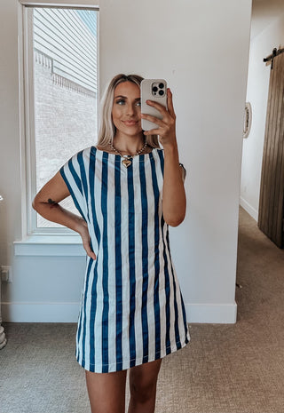 Navy Striped Open Back Dress