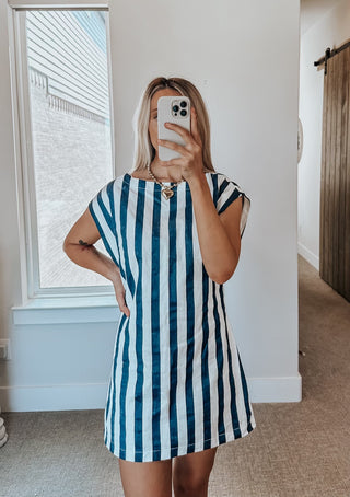 Navy Striped Open Back Dress