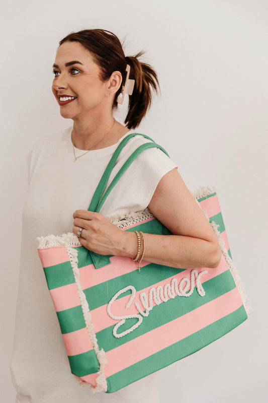 Pink +Green Striped Summer Tote